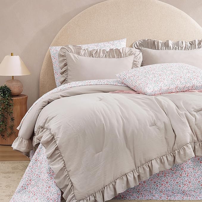 Queen Comforter Set - 7 Pieces Ruffle Beige Bedding Sets, Shabby Chic Farmhouse Bed in a Bag Queen with Ruffle Comforter, Floral Sheets, Pillowcases & Shams-Ruum Studio Home