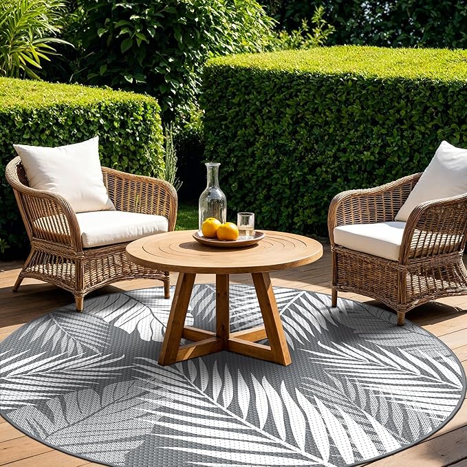 GENIMO Outdoor Rug 10' Round Waterproof for Patios Clearance, Reversible Outdoor Plastic Straw Camping Rug Carpet, Large Area Rugs Mats for RV, Camper, Deck, Balcony, Porch, Beach, Picnic, Grey&White-Ruum Studio Home