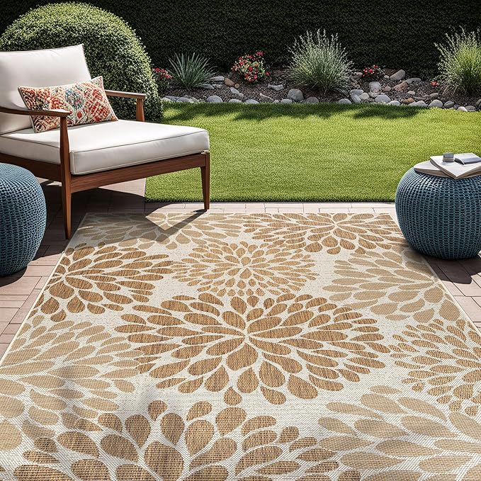 Beverly Rug Outdoor Rug 10x14 Modern Exotic Tropical Leaf Area Rugs for Indoor and Outdoor Patio Deck Porch Garden Water Resistant Washable Outside Carpet (10 x 14 Beige)-Ruum Studio Home