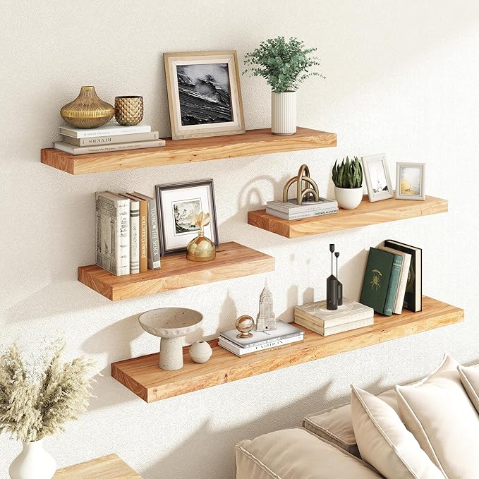 RICHFOCUS Elm Floating Shelves for Wall - 24" W x 9.3" D Rustic Solid Wood Shelves with Invisible Bracket, Wall-Mounted for Living Room, Bedroom, Kitchen Storage & Display, Set of 2, Natural-Ruum Studio Home