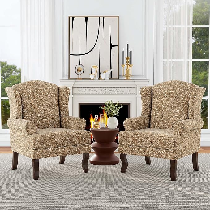 Accent Chair, High Back Upholstered Armchair with High Resilience Sponge & Wood Legs, Mid-Century Modern Comfy Single Sofa Reading Chairs for Living Room, Bedroom (Floral Light Brown, Set of 1)-Ruum Studio Home