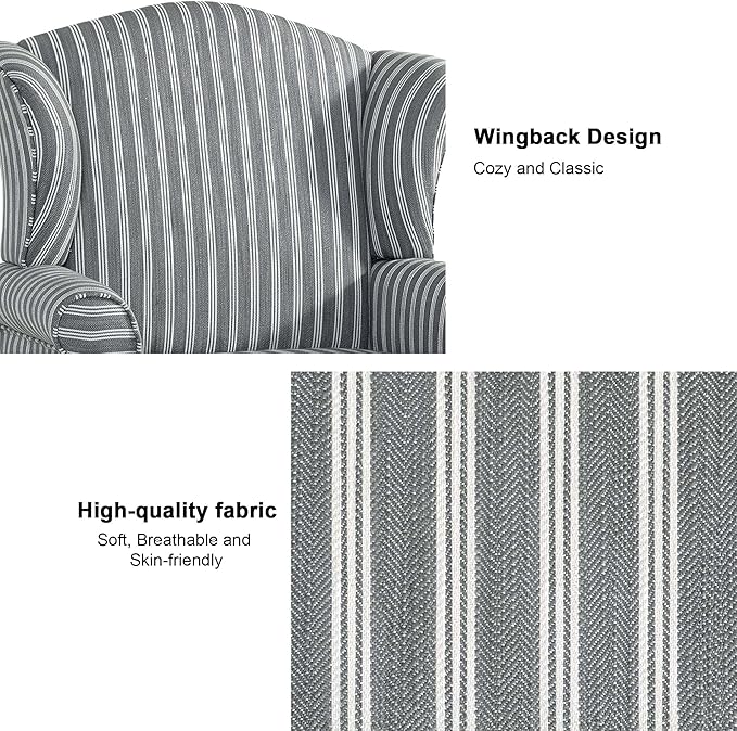 Accent Chair, High Back Upholstered Armchair with High Resilience Sponge & Wood Legs, Mid-Century Modern Comfy Single Sofa Reading Chairs for Living Room, Bedroom (Stripe Grey, Set of 1)-Ruum Studio Home
