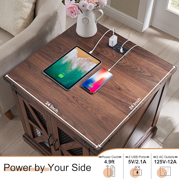 JXQTLINGMU Farmhouse End Table, 24" Large Sofa Side Table with Charging Station, Mesh Barn Door, and Adjustable Storage Shelf, Rustic Wood Square Nightstand for Living Room, Bedroom, Office, Brown-Ruum Studio Home