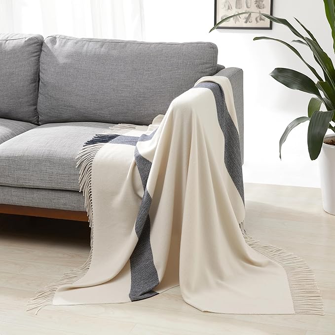 Amazon Basics Room Decor Throw Blanket, Lightweight and Cozy in Polyester, Ivory With Blue Cross-check Pattern, 50"x 60"-Ruum Studio Home