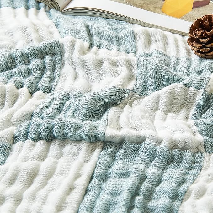 EMME Checkered Cotton Blanket Twin Large 60"x80" 100% Muslin for Couch Breathable Cooling Gauze All Season Soft and Lightweight (Teal)-Ruum Studio Home
