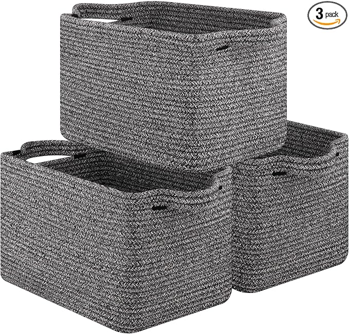 OIAHOMY Storage Basket, Woven Baskets for Storage, Cotton Rope Basket for toys,Towel Baskets for Bathroom - Pack of 3, Black-Ruum Studio Home