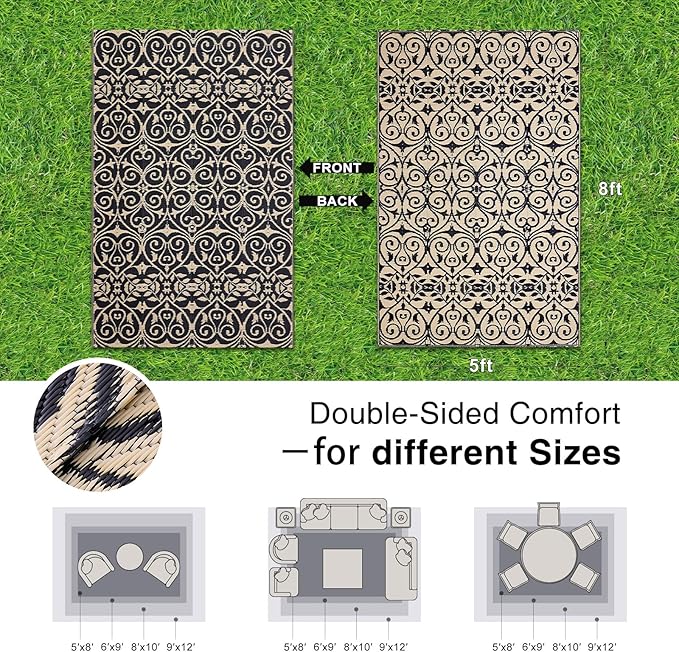 OLANLY Outdoor Rug Waterproof 5x8 ft Clearance, Reversible Outdoor Plastic Straw Rug with Floral Pattern, RV Mat for Patio, Camping, Balcony, Deck, Backyard, Black & Beige-Ruum Studio Home