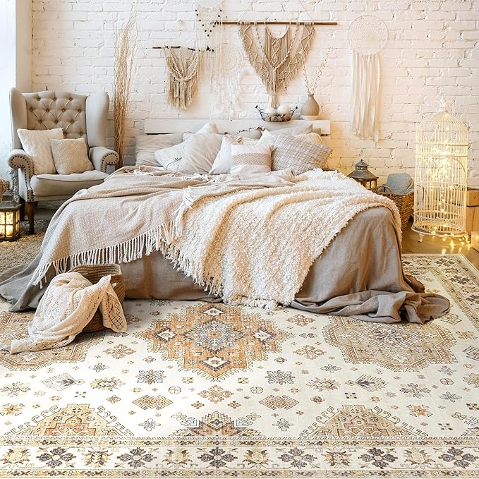 Washable Area Rugs for Living Room - 7x9 Neutral Vintage Distressed Floral Farmhouse Boho Large Soft Floor Rug Indoor Non Slip Carpet for Living Room Bedroom Dining Room Office - Orange/Yellow/Beige-Ruum Studio Home