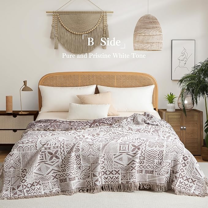 Boho Throw Blanket Twin Size, Soft Cozy Cotton Muslin Quilt Blanket for Bed Decor, Patchwork Block Couch Sofa Chair Cover, Vintage Farmhouse Cottage Tapestry Woven Blanket, Brown&White-Ruum Studio Home