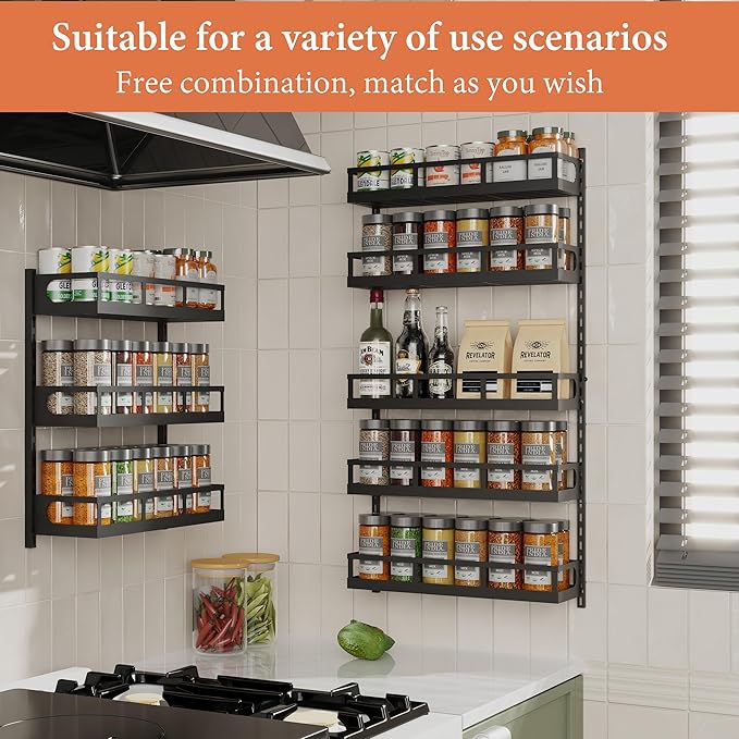 X-cosrack Wall Mount Spice Rack Organizer 5 Tier Height-Adjustable Hanging Spice Shelf Storage for Kitchen Pantry Cabinet, Dual-Use Seasoning Holder Rack with Hooks, Black-Patented-Ruum Studio Home