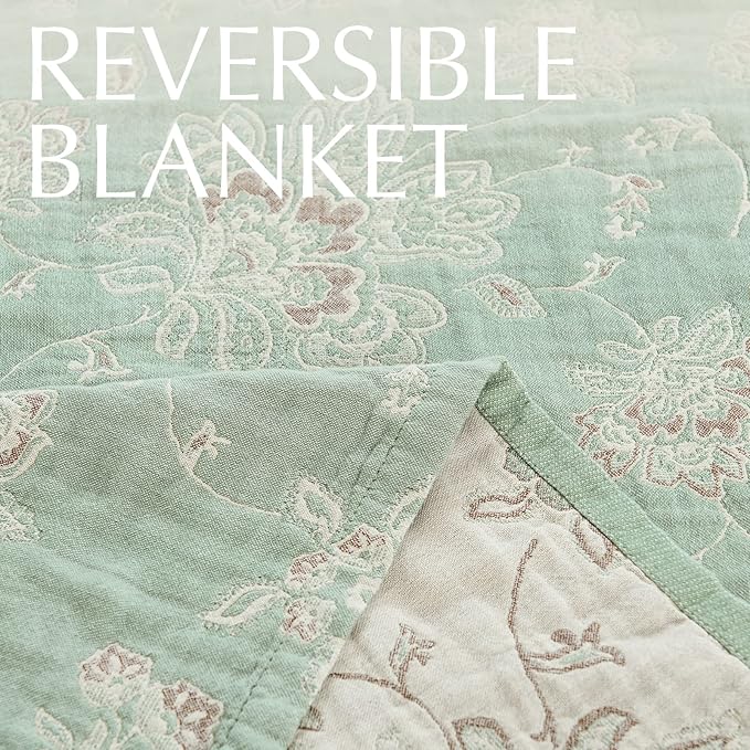 jinchan Boho 100% Cotton Muslin Twin Size 50x60 Inches Blanket Lightweight 4-Layer Quilted Soft Green and Beige Floral Throw Blanket Reversible Comfy Flower Breathable All Seasons Couch Bedroom Decor-Ruum Studio Home