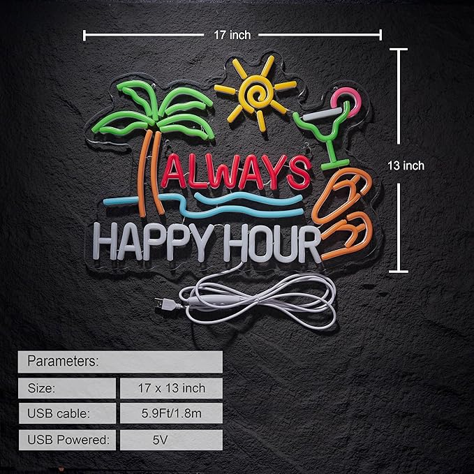 Always Happy Hour Beer Bar Neon Sign for Wall Décor Dimmable USB LED Neon Light for Home Tiki Bar Decor Man Cave Parties Gift-Ruum Studio Home