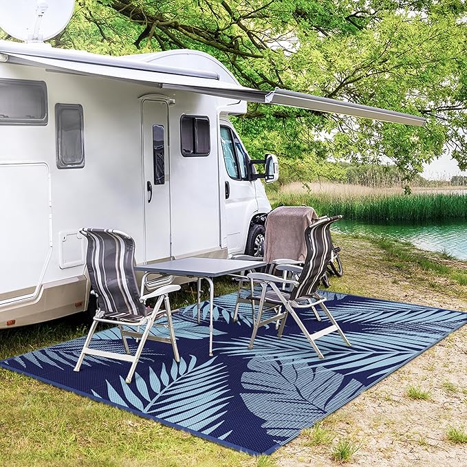 GENIMO Outdoor Rug 9' x 12' Waterproof for Patios Clearance, Reversible Outdoor Plastic Straw Camping Rug Carpet, Large Area Rugs Mats for RV, Camper, Deck, Balcony, Porch, Beach, Navy Blue&Baby Blue-Ruum Studio Home