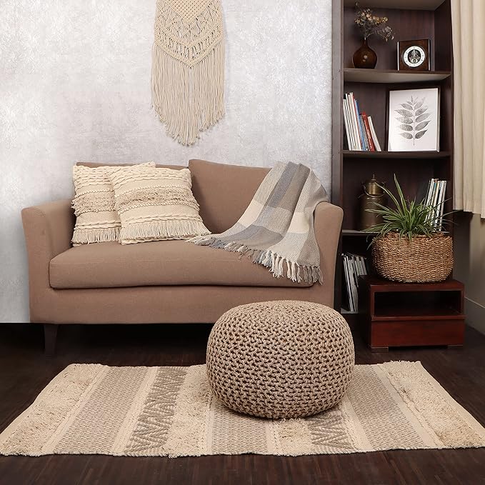 REDEARTH Round Pouf Ottoman - Hand Knitted Cable Boho Poof Home Décor Pouffe Circular Footrest for Living Room - Nursery - Bedroom - Lounge 100% Cotton (18”x18”x14”) - Beige Ivory-Ruum Studio Home