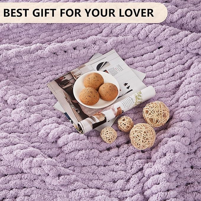 L'AGRATY Chunky Knit Blanket Throw: 80''x90'' Chenille Chunky Knitted Throw Blanket for Bed Couch - Handmade Thick Big Cable Knit Blanket - Large Chunky Crochet Rope Blanket for Home Decor(Purple)-Ruum Studio Home