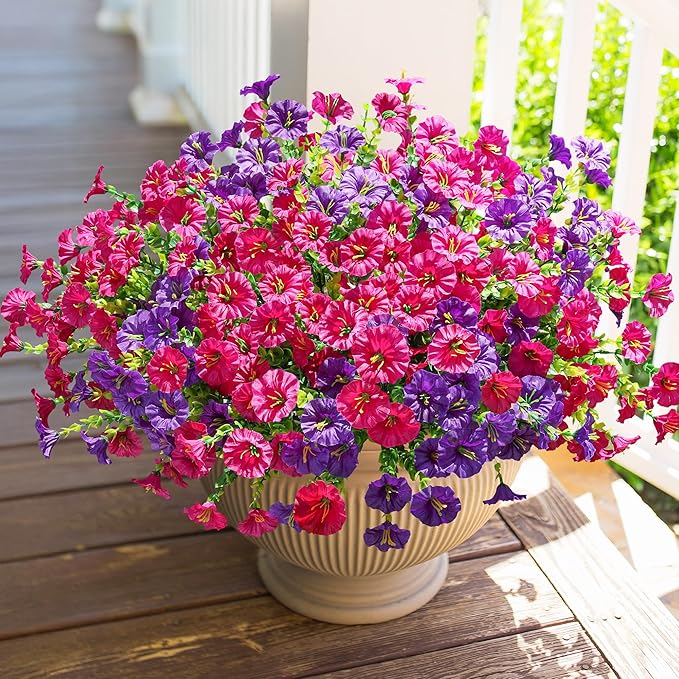 Artificial Flowers for Outdoors Fake Plants Outside Decoration, 12 Bundles Silk Colorful Morning Glory with Eucalyptus UV Resistant Realistic Faux Flowers for Planter Porch Patio Yard Garden-Ruum Studio Home