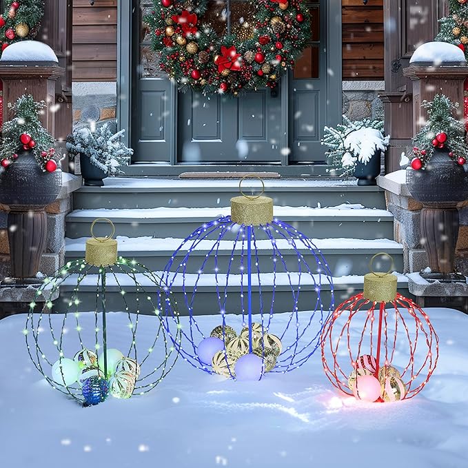 Outdoor Christmas Decorations, Set of 3 Lighted Christmas Ball Ornaments with 570 LED Lights, 6 Ground Stakes, Included 20 Small Plastic Xmas Ball Ornaments for Holiday Decor Yard-Ruum Studio Home
