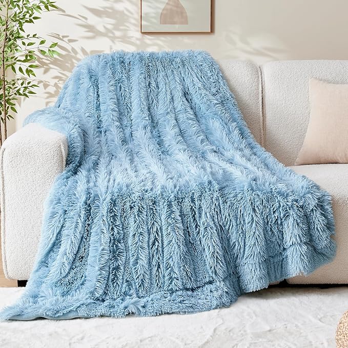 GONAAP Fuzzy Faux Fur Throw Blanket Twin Size Light Blue Super Soft Cozy Plush Fuzzy Shaggy Blanket for Couch Sofa Bed (Light Blue, Twin(60"x80"))-Ruum Studio Home