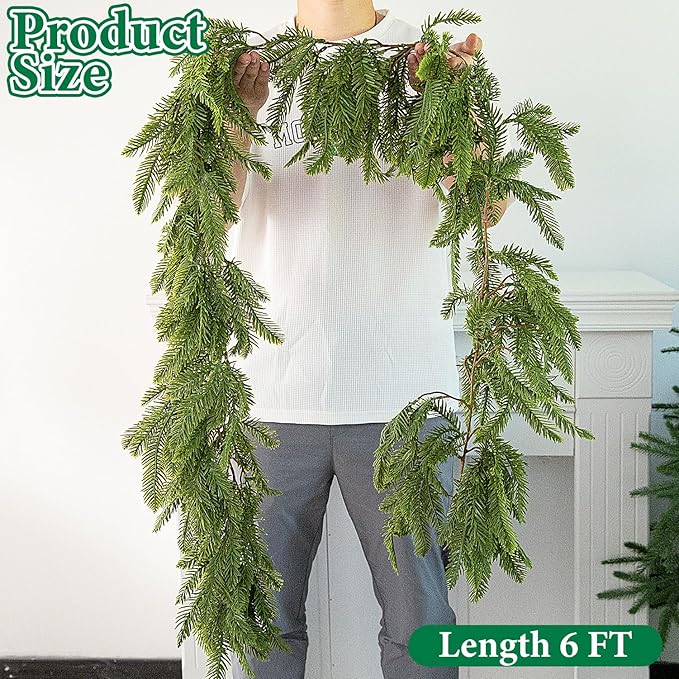 Watayo 6 Ft Christmas Norfolk Pine Garland, 3 Fork Dense Real Touch Pine Garland Ornament, Realistic Artificial Pines Greenery Garlands for Christmas Holiday Mantle Fireplace Table Home Decor-Ruum Studio Home