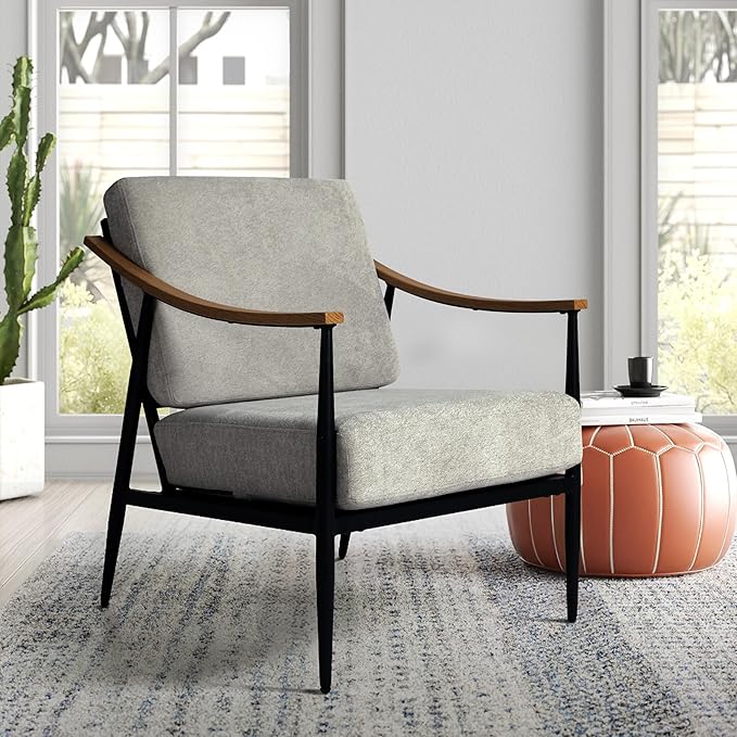 Modern Accent Chair for Living Room Bedroom Mid Century Arm Chair Upholstered Office Accent Chair Comfy Waiting Room Chair with Metal Frame, Grey-Ruum Studio Home