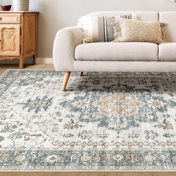 Washable Area Rugs for Living Room -9x12 Neutral Vintage Distressed Floral Farmhouse Boho Large Soft Floor Rug Indoor Non Slip Carpet for Living Room Bedroom Dining Room Office -Green/Grey-Ruum Studio Home
