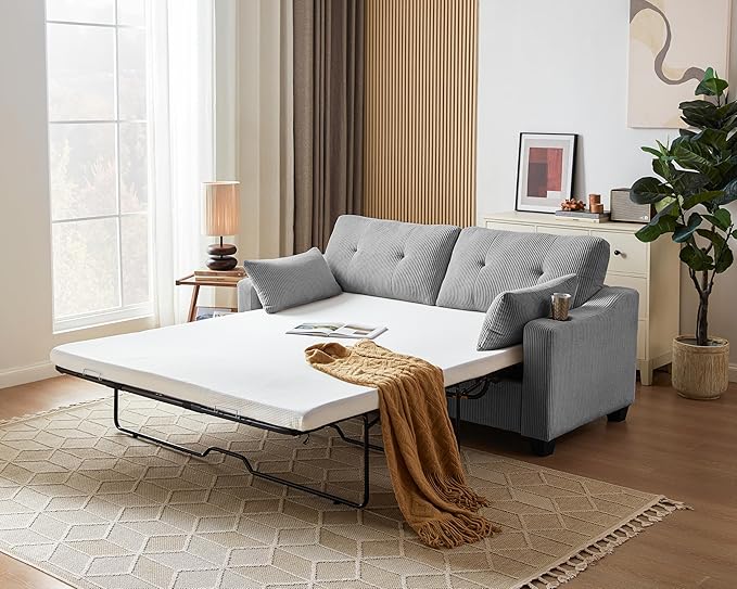CHIC HOUSE Pull Out Sofa Bed, Full Size Sleeper Sofa, 2-in-1 Convertible Corduroy Couch with USB Charging, Memory Form Couch for Living Room, Apartment and Small Space (Grey, Corduroy - Queen Size)-Ruum Studio Home