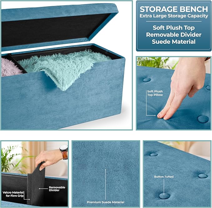 Sorbus Storage Ottoman Bench – Collapsible/Folding Bench Chest with Cover – Perfect Toy and Shoe Chest, Hope Chest, Pouffe Ottoman, Seat, Foot Rest, – Contemporary Faux Suede (Teal)-Ruum Studio Home