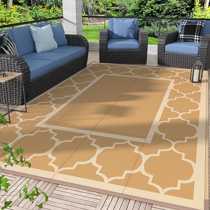 GENIMO 9' x 12' Outdoor Rug for Patio Clearance, Waterproof Indoor Outdoor Plastic Straw Rugs Carpet, Reversible Outside Area Rv Mat for Camping, Balcony Porch, Deck, Picnic, Beach (Brown & Beige)-Ruum Studio Home
