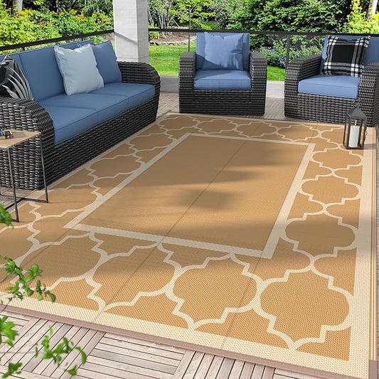 GENIMO 9' x 12' Outdoor Rug for Patio Clearance, Waterproof Indoor Outdoor Plastic Straw Rugs Carpet, Reversible Outside Area Rv Mat for Camping, Balcony Porch, Deck, Picnic, Beach (Brown & Beige)-Ruum Studio Home