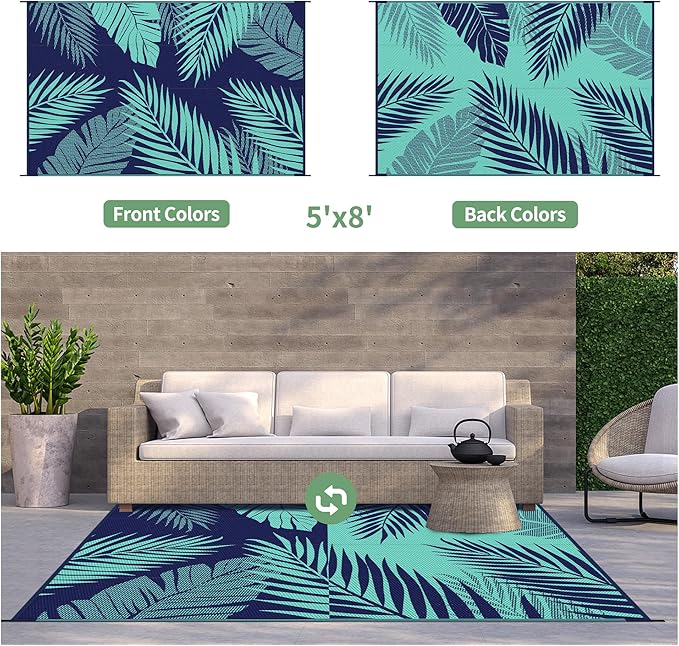 GENIMO Outdoor Rug 5' x 8' Waterproof for Patios Clearance, Reversible Outdoor Plastic Straw Camping Rug Carpet, Large Area Rugs Mats for RV, Camper, Deck, Balcony, Porch, Beach, Navy Blue&Jade Green-Ruum Studio Home
