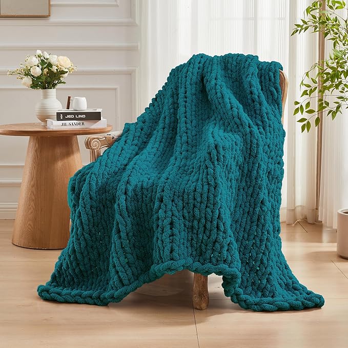 Carriediosa Chunky Knit Throw Blanket 60" X 80" Twin, 100% Hand Made Large Chenille Loop Yarn Soft Fluffy Throws for Couch Sofa Bed, Big Crochet Cozy Heavy Thick Cable Woven Blankets, Teal-Ruum Studio Home