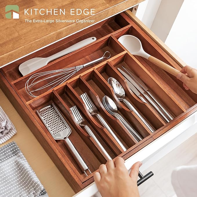 Premium Silverware, Flatware and Utensil Organizer for Kitchen Drawers, Food-Safe Contract Grade, Expandable from 18 to 33 In, Natural Acacia-Ruum Studio Home