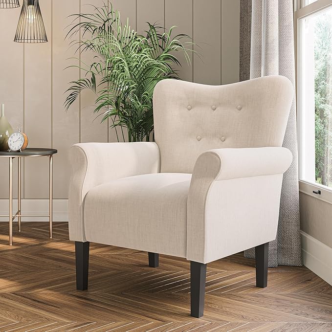 BELLEZE Modern Accent Chair, High Back Armchair, Upholstered Wingback Side Chair, Padded Single Sofa with Wooden Legs for Living Room, Bedroom - Beige-Ruum Studio Home