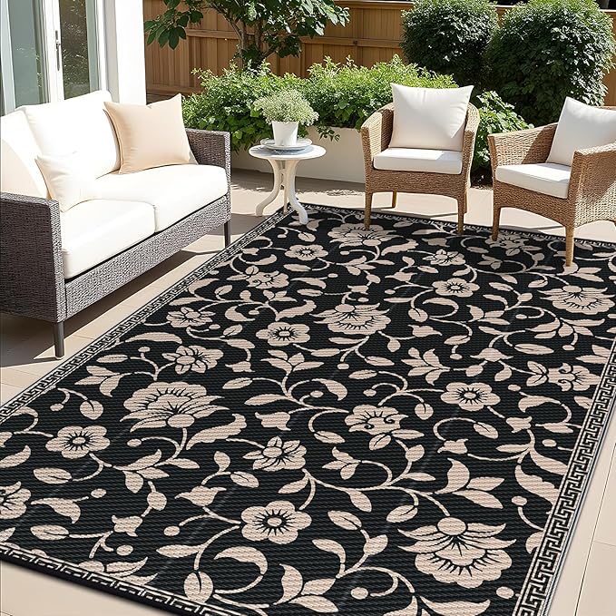 OLANLY Waterproof Outdoor Rug 9x12 ft, Outdoor Plastic Straw Rug with Flower Pattern, Reversible RV Mat for Patio, Camping, Balcony, Deck, Backyard, Black & Beige-Ruum Studio Home
