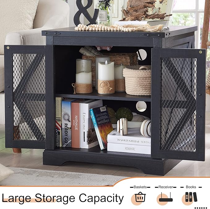 JXQTLINGMU Farmhouse End Table, 24" Large Sofa Side Table with Charging Station, Mesh Barn Door, and Adjustable Storage Shelf, Rustic Wood Square Nightstand for Living Room, Bedroom, Office, Black-Ruum Studio Home