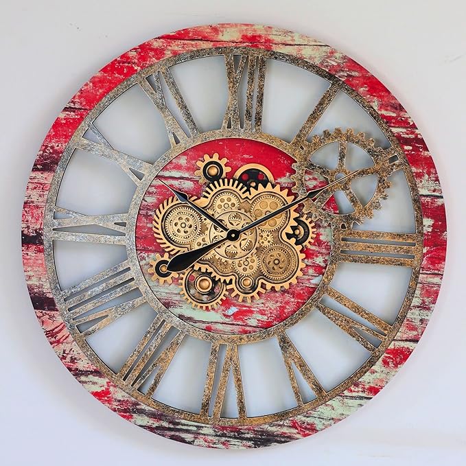 The Gears Clock 36'' Inch Real Moving Gear Wall Clock Vintage Industrial Oversized Rustic Farmhouse (Red Lava)-Ruum Studio Home