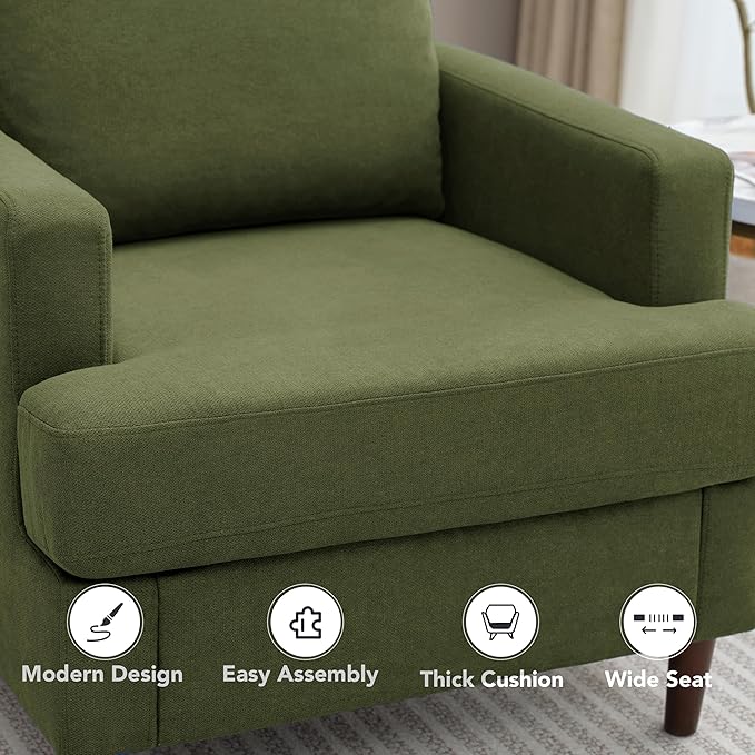 Mid-Century Accent Chair,Modern Linen Fabric Armchair for Living Room,Comfy Upholstered Reading Accent Chairs for Bedroom,Single Sofa Chair with Wood Legs (Green, 1 Pack)-Ruum Studio Home