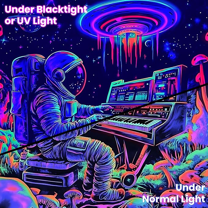 BVBOX Astronaut Space Blacklight Tapestry 79"x59", UV Reactive Astronaut Electronic Piano Universe Galaxy Planet Glow in Dark Music Tapestries, Black Light Neon Upright Poster Wall Hanging Backdrop Decor for Bedroom Living Room-Ruum Studio Home