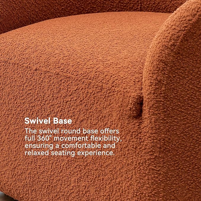 KINWELL 32" Wide Swivel Boucle Accent Chair Armchair, No Assembly Mid-Century Modern Round Upholstered Barrel Chair for Living Room, Bedroom, Office (Caramel)-Ruum Studio Home
