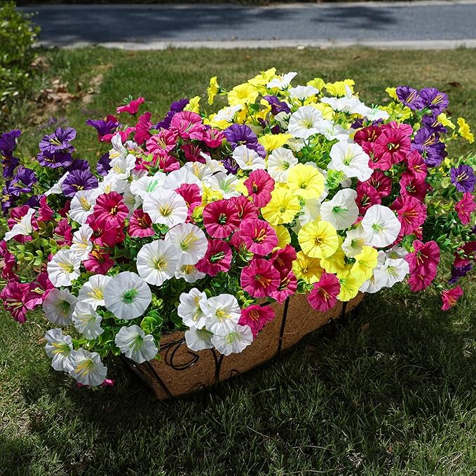 Artificial Flowers for Outdoors Fake Plants Outside Decoration, 12 Bundles Silk Colorful Morning Glory with Eucalyptus UV Resistant Realistic Faux Flowers for Planter Front Door Garden Yard-Ruum Studio Home