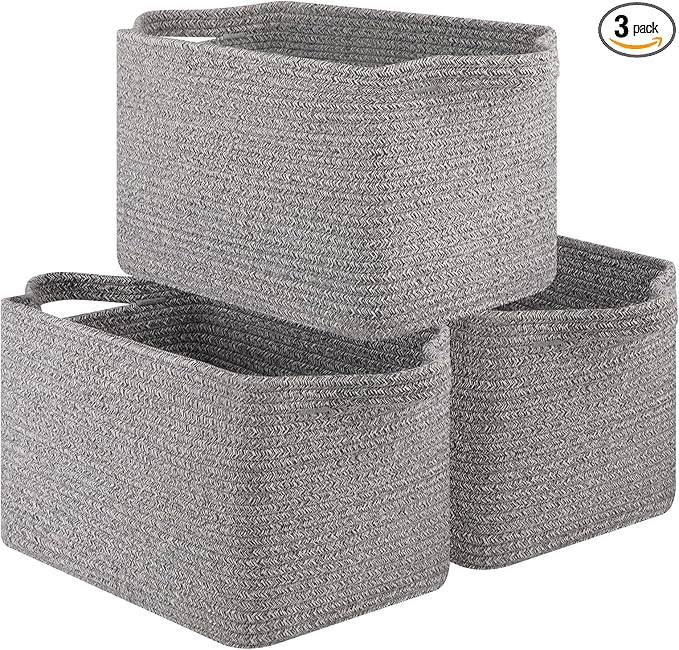 OIAHOMY Storage Basket, Woven Baskets for Storage, Cotton Rope Basket for toys,Towel Baskets for Bathroom - Pack of 3, Light Grey-Ruum Studio Home