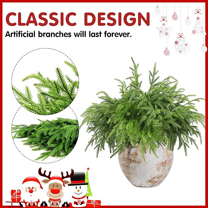 12Pcs Artificial Norfolk Pine Branches 18" Plastic Christmas Plants Decor Faux Greenery Stems Pine Picks Outdoor Faux Plants UV Resistant for Xmas Indoor, Front Porch Home Décor (12, 18inch)-Ruum Studio Home