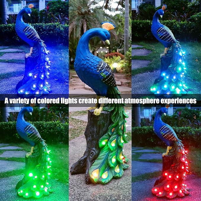 Solar Garden Decor Peacock Statues with Succulent LED Lights,Peacock Figurine Lights Outdoor Decorations for Yard Lawn Patio Balcony Whimsical Art Outside,Gifts for Mom Grandma Women-Ruum Studio Home