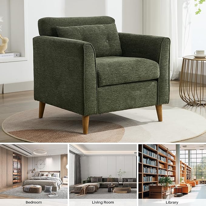 Modern Accent Chair with Wooden Legs Plush Fabric Armchair Cozy Reading Chair for Living Room, Bedroom, Study (Green Armchair)-Ruum Studio Home
