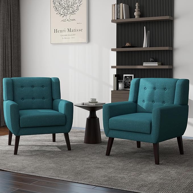 UIXE Accent Chair Modern Arm Chair, Mid Century Upholstered Club Armchair, Comfy Single Lounge Sofa Living Room Button Tufted Armrest Reading Seat Bedroom Side Seating, Turquoise Blue-Ruum Studio Home