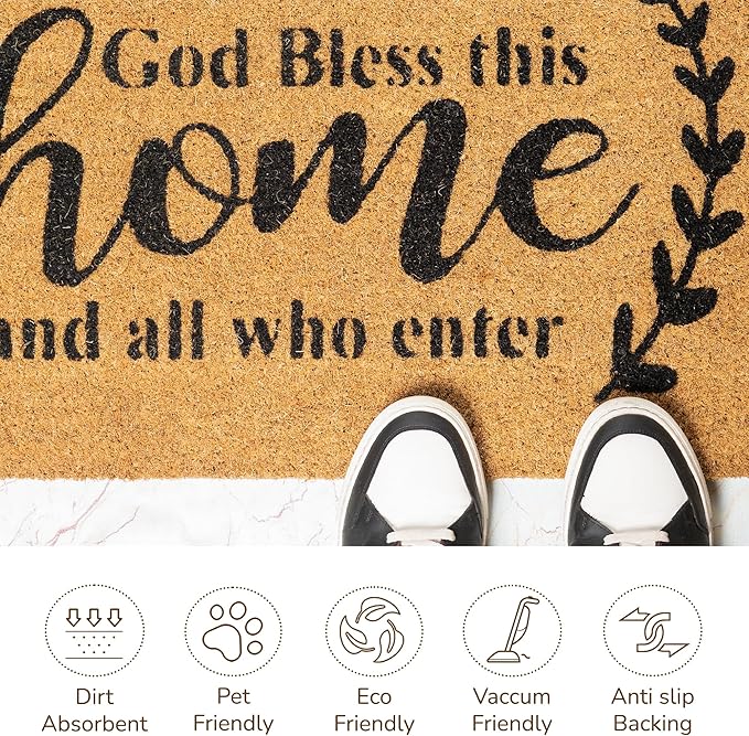 Welcome Doormats, Natural Coco Coir Mats with Non-Slip PVC Backing, Indoor Outdoor Mats for Home & Office, Mats for Door with God Bless This Home Print, Beige & Black, 30"x17"-Ruum Studio Home