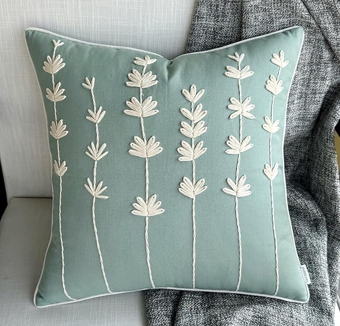 VAGMINE Hand Embroidered Daisy Accent Throw Pillow Cover - 20x20 Inches Square - 100% Cotton Light Teal Decorative Cushion Cover for Couch, Sofa, Bed - Textured Embroidery - Elegant Floral Home Décor-Ruum Studio Home