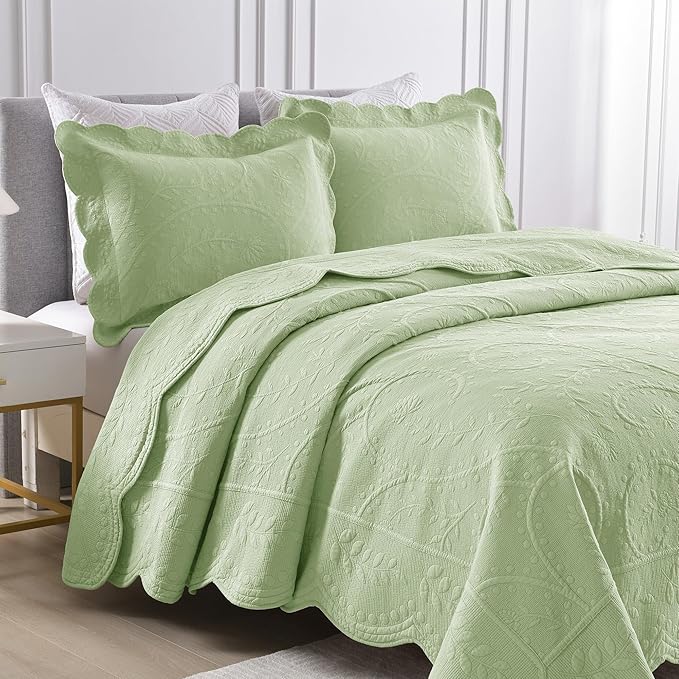 MarCielo 3-Piece 100% Cotton Oversized Bedspread Lightweight Quilt Coverlet Embroidery Farmhouse Bedding Set (TX Pale Green, Oversized Queen (100"x106"))-Ruum Studio Home