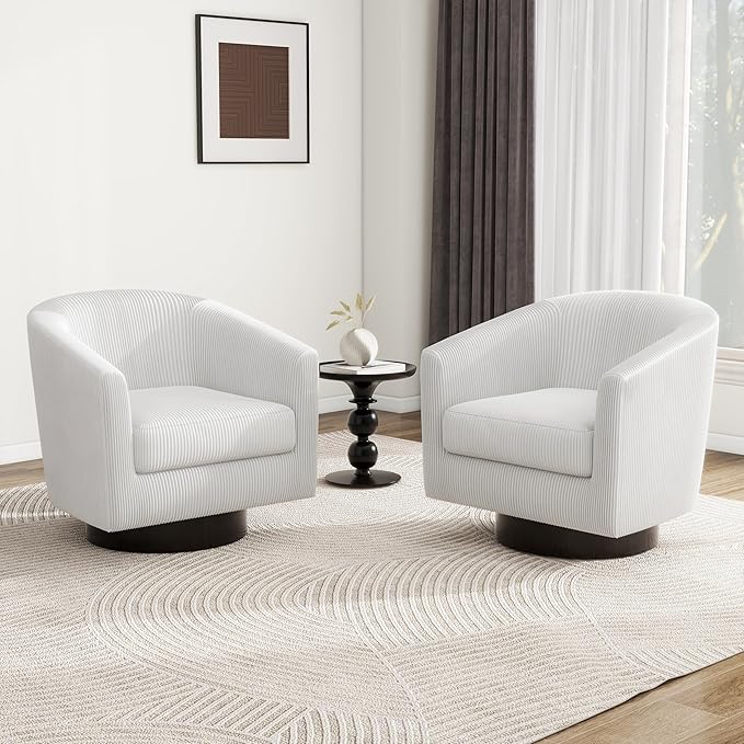 Swivel Barrel Accent Chair, Modern Round Corduroy Fabric Arm Chair for Living Room, Bedroom, Comfy Club Reading Chairs for Adults (Corduroy Beige, Set of 2)-Ruum Studio Home