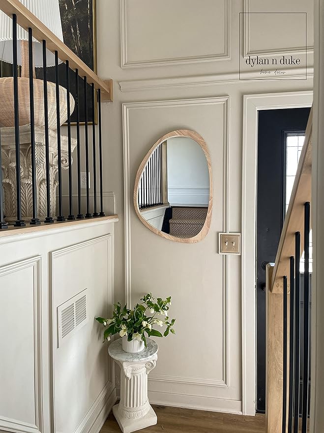 Irregular Wood Frame Boho Mirror - Large Wall Mounted Accent, Asymmetrical, Modern Aesthetic Wall Decor for Bedroom, Entryway, Living Room, Bathroom (Natural)-Ruum Studio Home